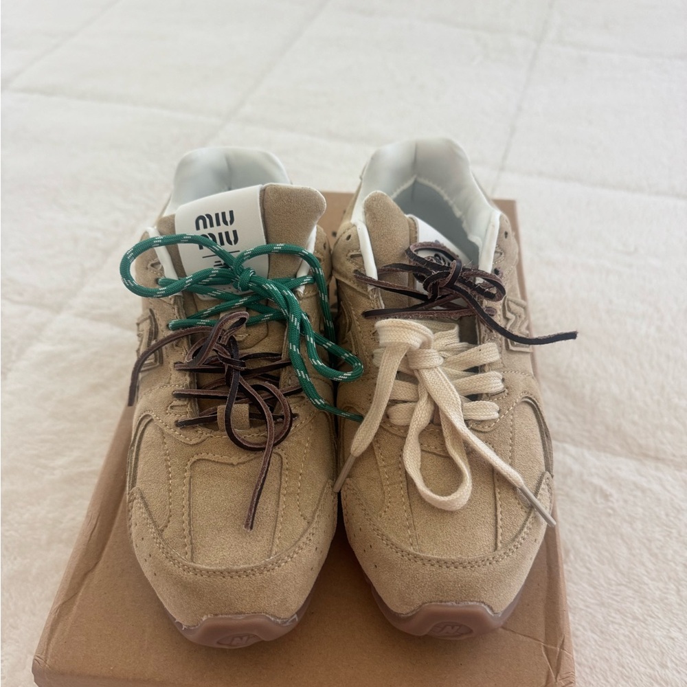 Miu Miu Tan Suede Sneakers with Mismatched Laces